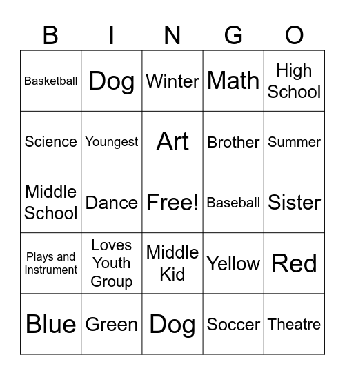 Youth Group Bingo Card
