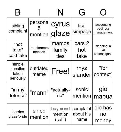 Gio Bingo Card