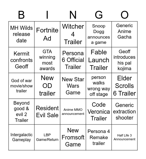Game Awards Bingo Card