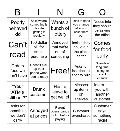 Annoying Customer Bingo Card
