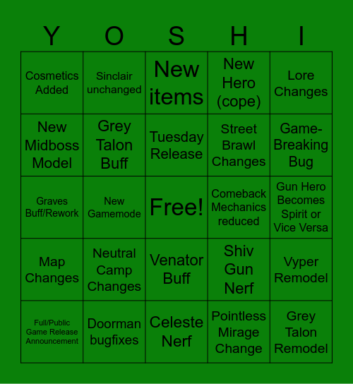 Deadlock Update Bingo Card