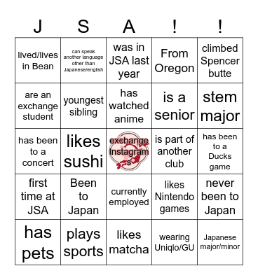 JSA bingo Card