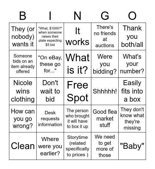 Auction Bingo Card
