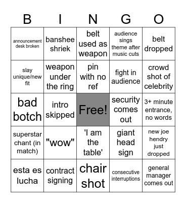Wrestle Bingo Card