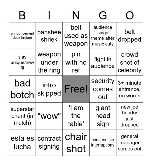 Wrestle Bingo Card