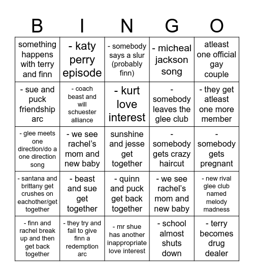 glee season 2 Bingo Card