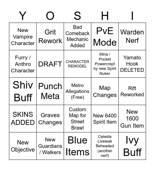 Deadlock Major Patch Bingo Card