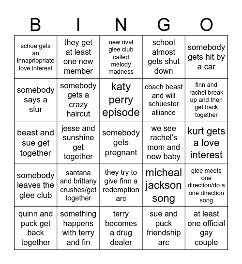 glee club season 2 bingo Card