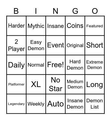 Normal GD Bingo Card