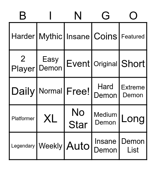 Normal GD Bingo Card