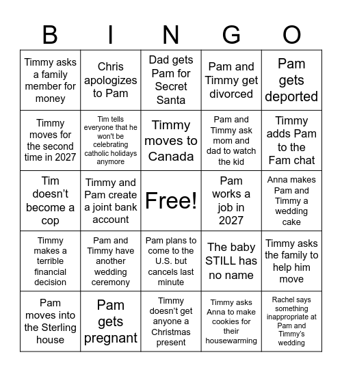 Pam and Timmy Bingo Card