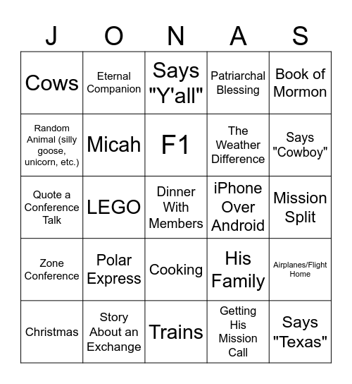 Jonas is Home!! Bingo Card