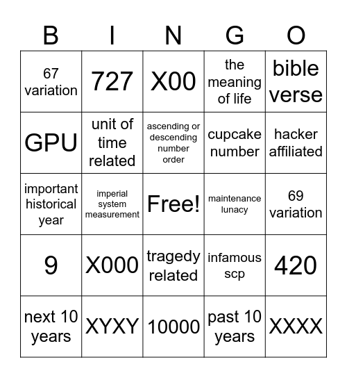 random numbers bingo Card