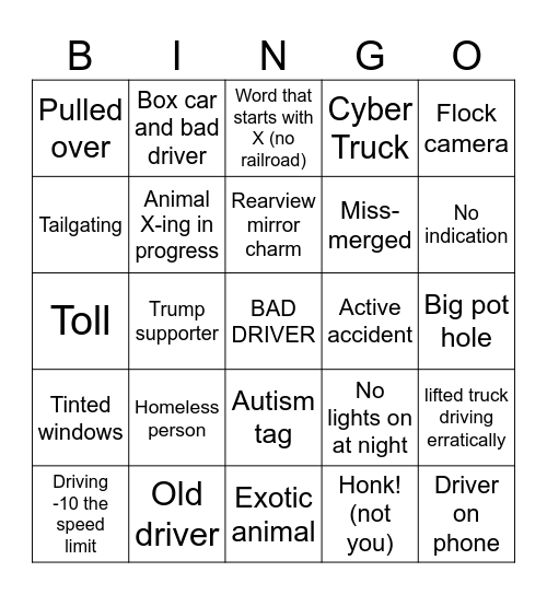 Driving Bingo Card