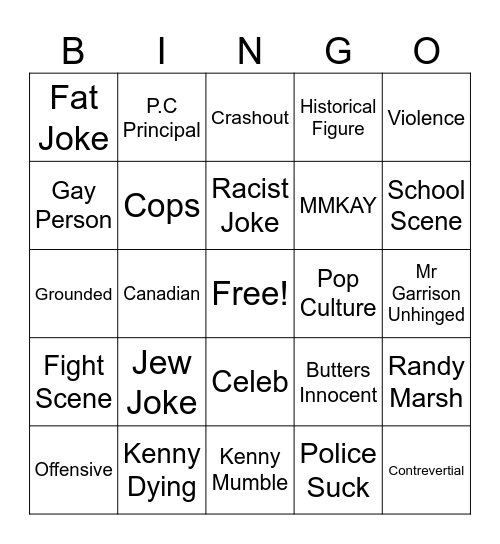 South Park Bingo Card