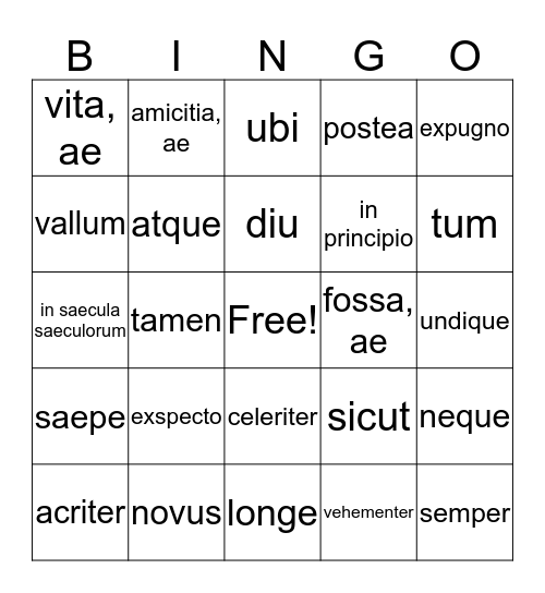 Latin Bingo Card