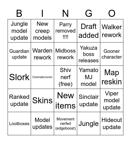 Deadlock update Bingo Card