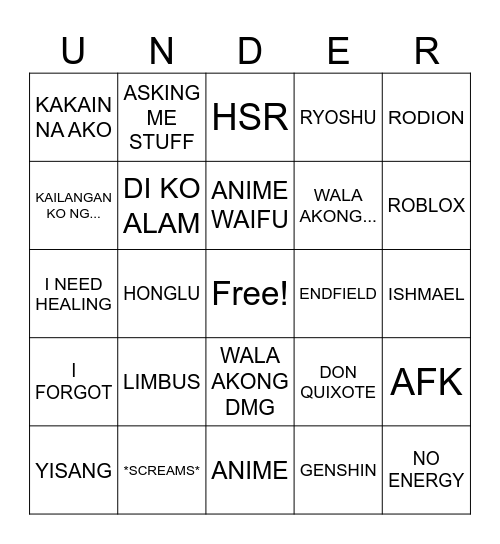 UNDER2 Bingo Card