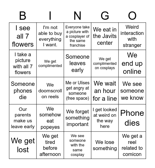 Comicon Bingo Card