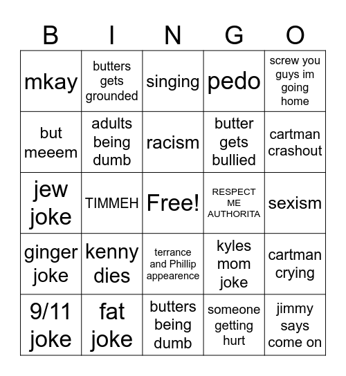 south park bingo Card
