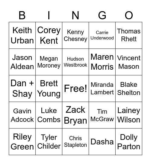 Country Singer Bingo Card