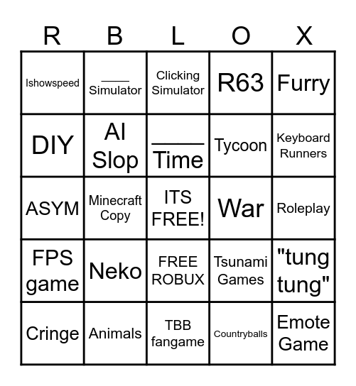 roblox card Bingo Card