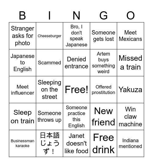 Japan Bingo Card