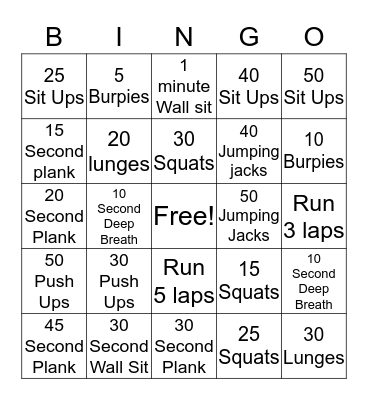 Fitness Bingo Card