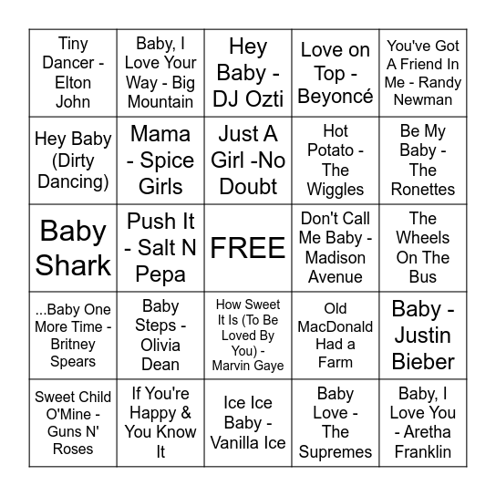 Baby Shower Music Bingo Card
