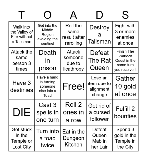 Talisman Bingo Card