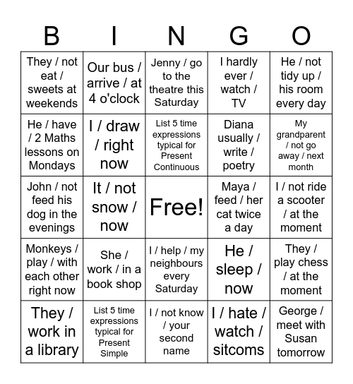 Grammar review Bingo Card