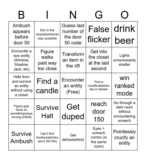 Roblox Doors Bingo Card