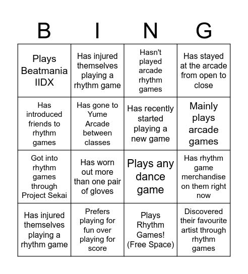 Rhythm Game Bingo! Find Someone Who... Bingo Card