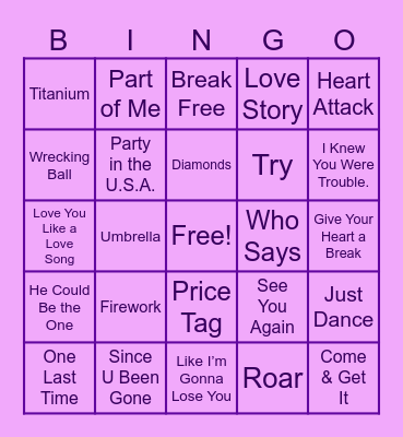 Pop Music Bingo Card