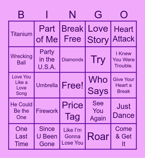 Pop Music Bingo Card