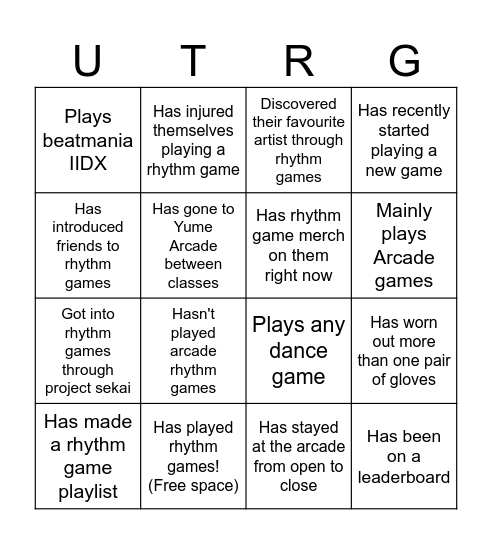 Rhythm Game Bingo! Find Someone Who... Bingo Card