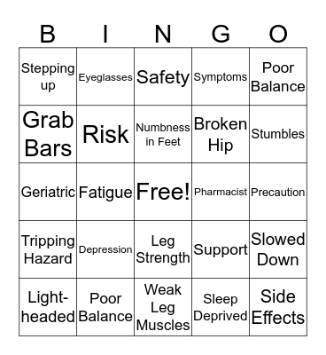Fall Prevention Bingo Card