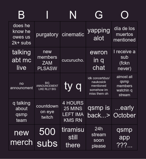 q stream. Bingo Card