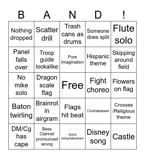 Marching band Bingo Card