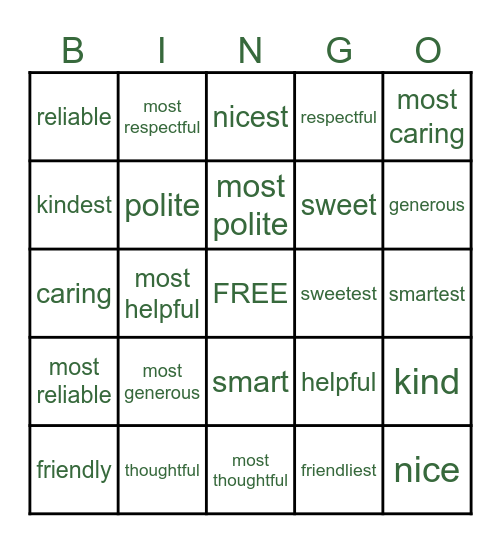 Compliment Bingo Card
