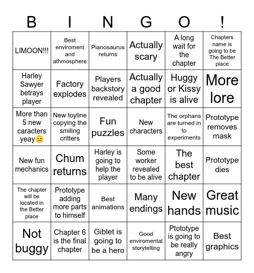 Poppy Playtime Chapter 6 bingo Card