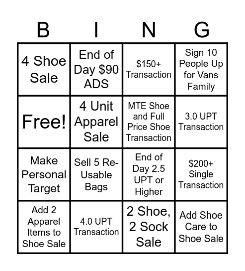 Vans Bingo Card