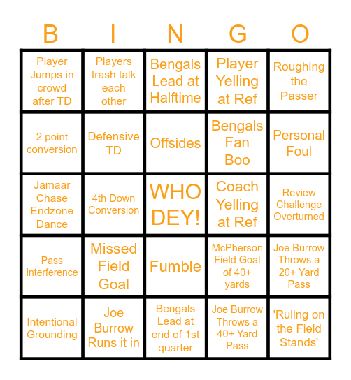 Week 3 Bengals VS Steelers Bingo Card