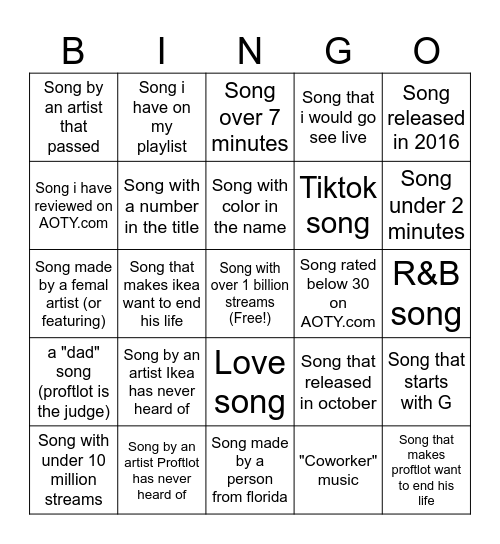 BUTTERS MUSIC BINGO BOARD Bingo Card