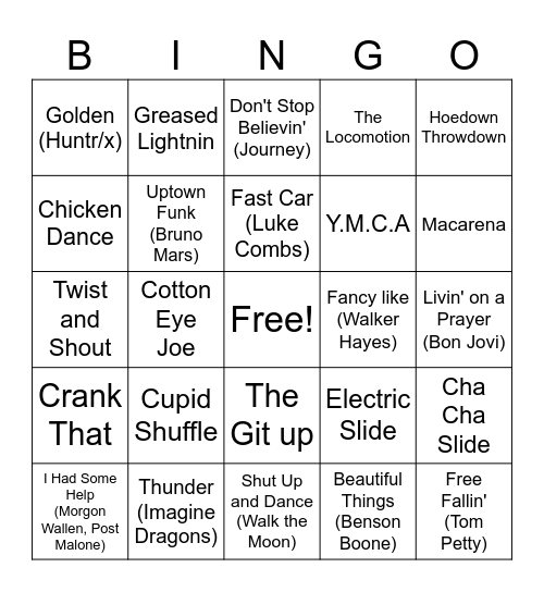Dance Bingo Card