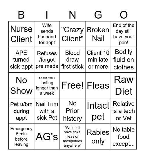 Vet Tech Bingo! Bingo Card