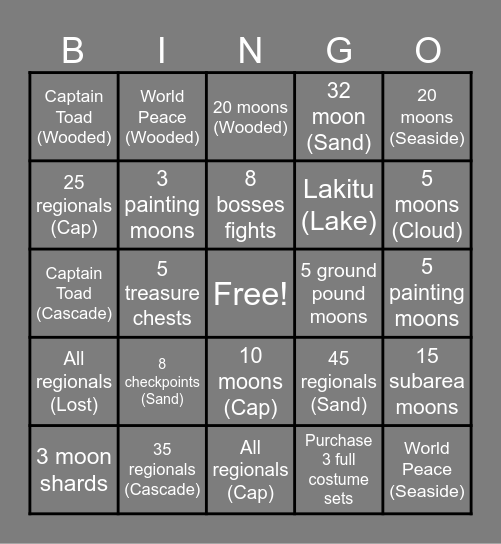 Super Mario Odyssey Bingo Card