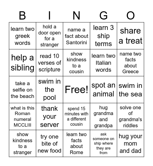 Cruising Bingo Card