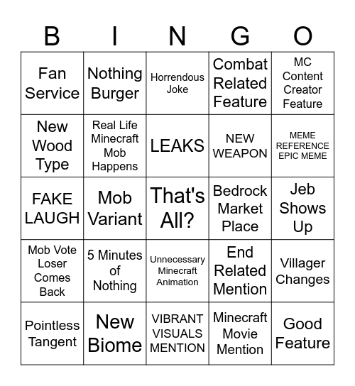 MINECRAFT LIVE BINGO Card