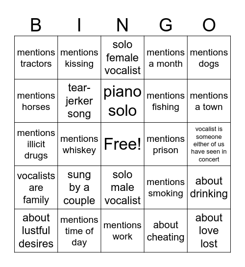 Country Songs Bingo Card